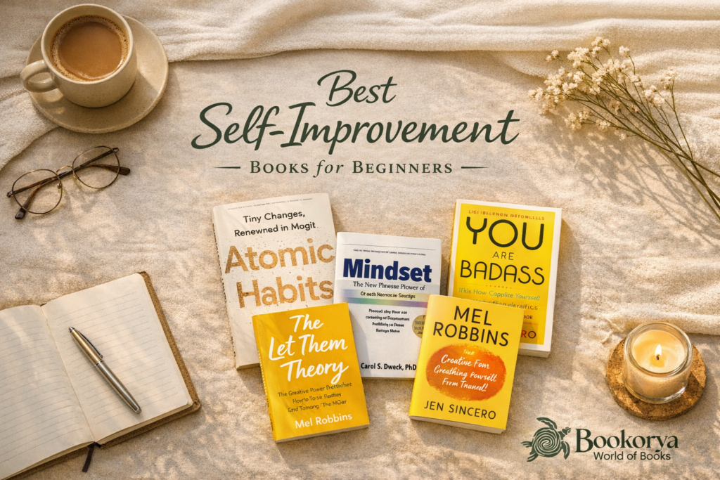 Best self-improvement books for beginners featuring Atomic Habits, Mindset, The Let Them Theory, and You Are a Badass in a cozy flat-lay by Bookorya