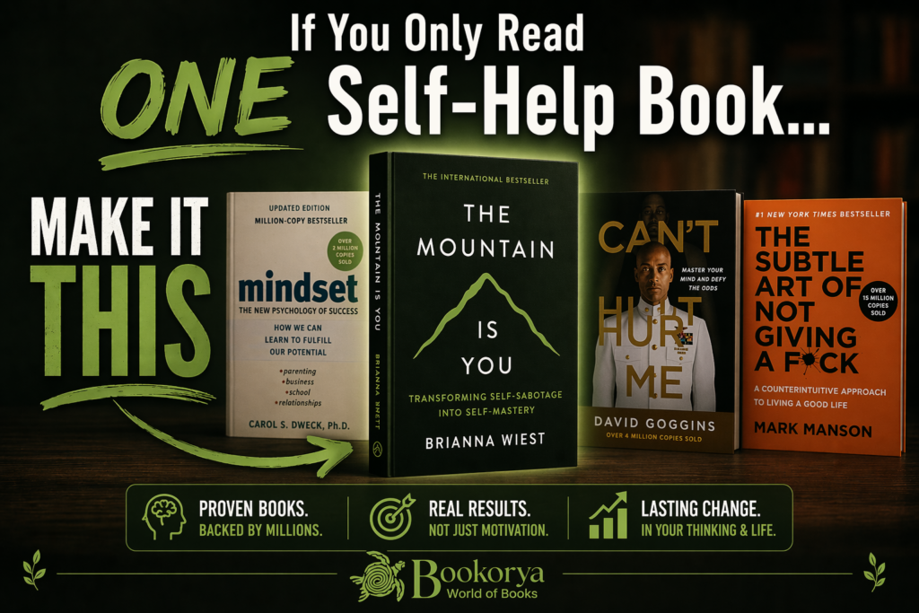 Feature image showing top self help books including The Mountain Is You, Mindset, and Can’t Hurt Me for mindset, discipline, and personal growth 👉 Optimized for: Accessibility Google Image SEO Natural keyword inclusion (no stuffing)