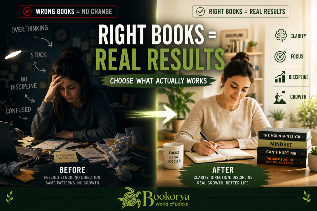 Before and after comparison showing how the right self help books improve mindset, discipline, and personal growth results